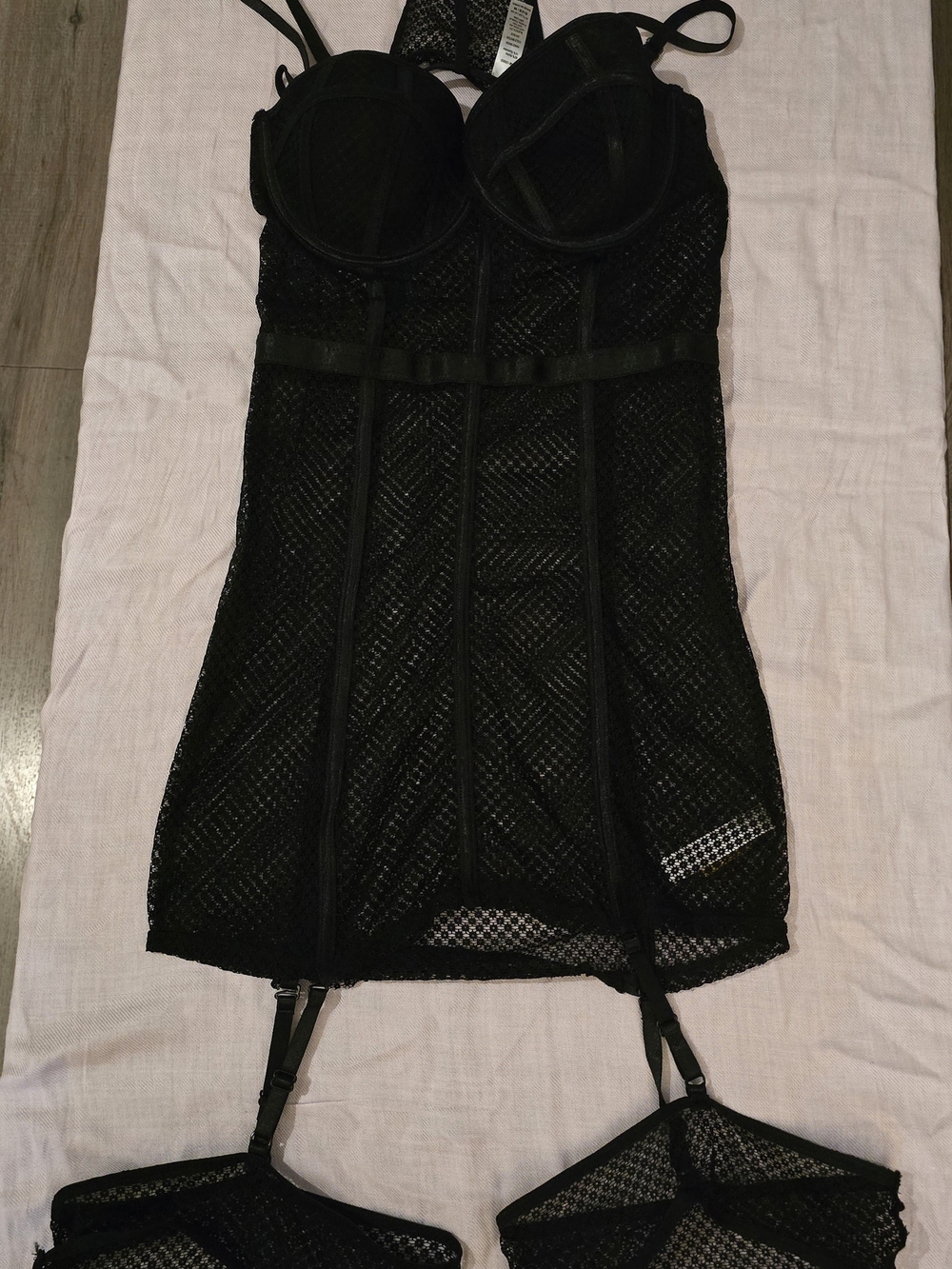 Black Mesh Bustier Chemise with Attached Garters